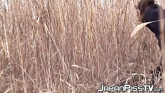 Japanische Schulmädchen Halten Ihren Spaziergang An, Um Unter Freiem Himmel Zu Urinieren